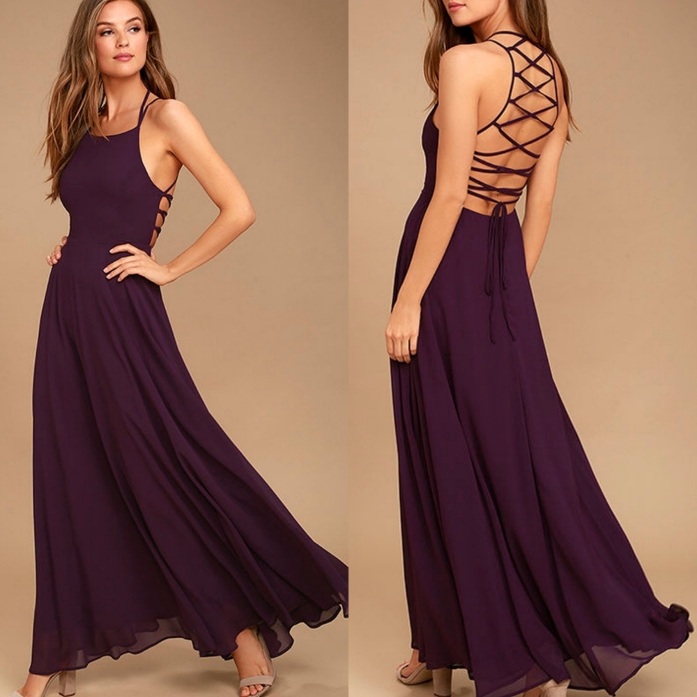 Lulu's Purple Strappy To Be Here Open-Back Maxi Long Bridesmaid Dress Medium